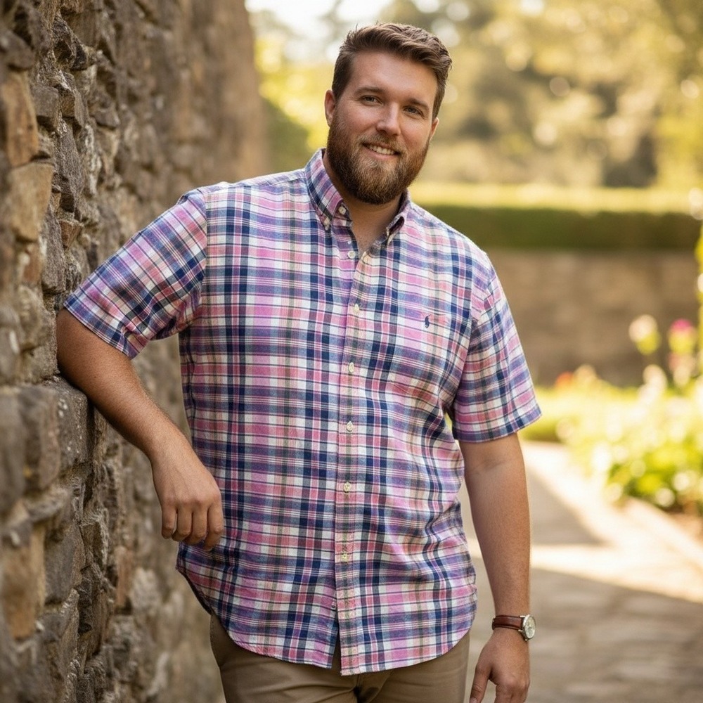 Ralph Lauren Mens Big & Tall Indian Madras Plaid Shirt Pink Navy 2XB